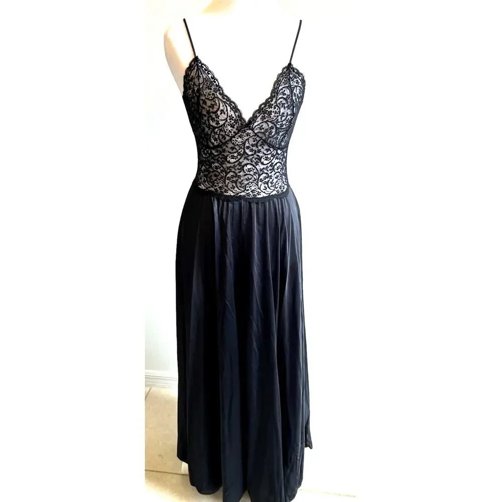 VTG 70s Nightgown Black Lace Bodice Long Maxi Glam Whimsygoth Romantic Flowy USA